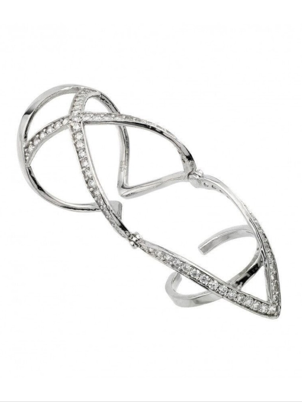 Silver Crystal X & V Double-Band Fashion Ring - Silver 925 Sterling Silver